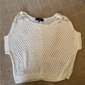 Lumiere Cream Open-Knit Crewneck Sweater with Pearl Shoulder Accents